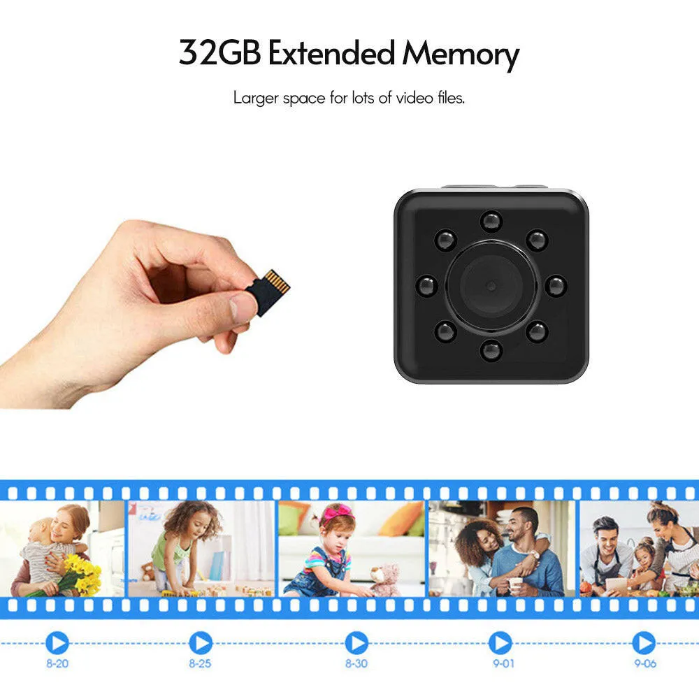 1080P 30FPS  Mini Camera Video Cam Camcorder Nanny Cam 155° Wide Angle IR Night Viewing Motion Detection 32GB Extended Memory for Baby Household Indoor Monitor