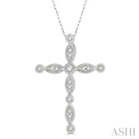 1/10 ctw Marquise & Circular Mount Cross Charm Round Cut Diamond Pendant With Chain in 10K White Gold