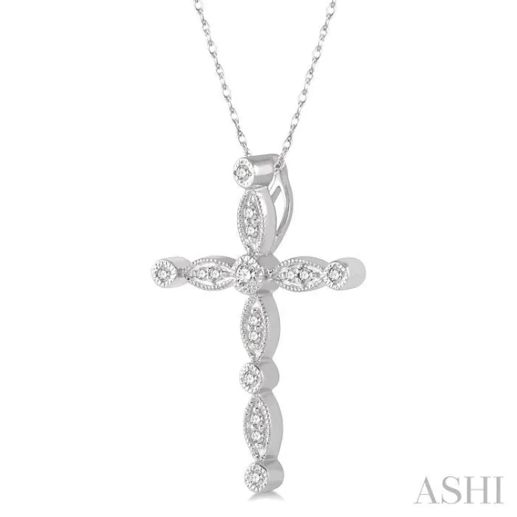 1/10 ctw Marquise & Circular Mount Cross Charm Round Cut Diamond Pendant With Chain in 10K White Gold