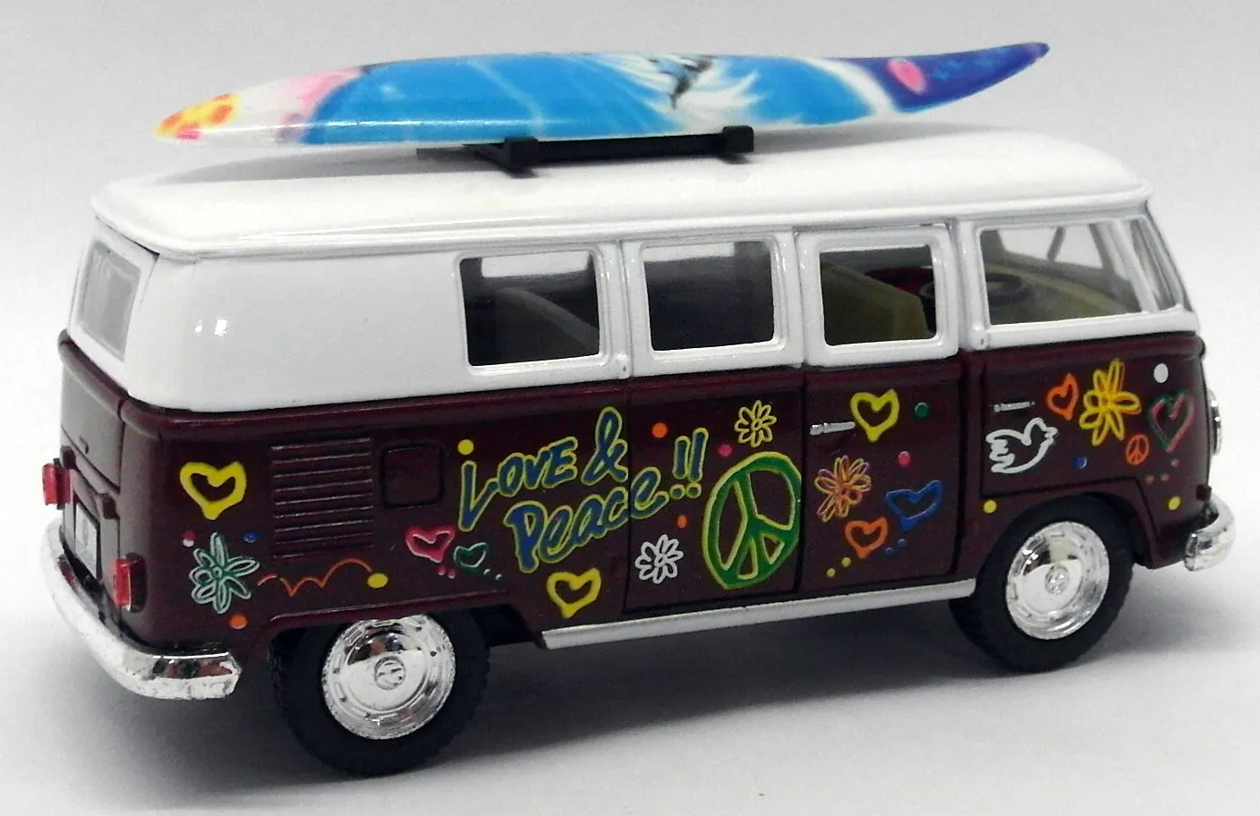 1962 VW Camper w/ Surfboard - Maroon - Kinsmart Pull Back & Go Metal Model Car