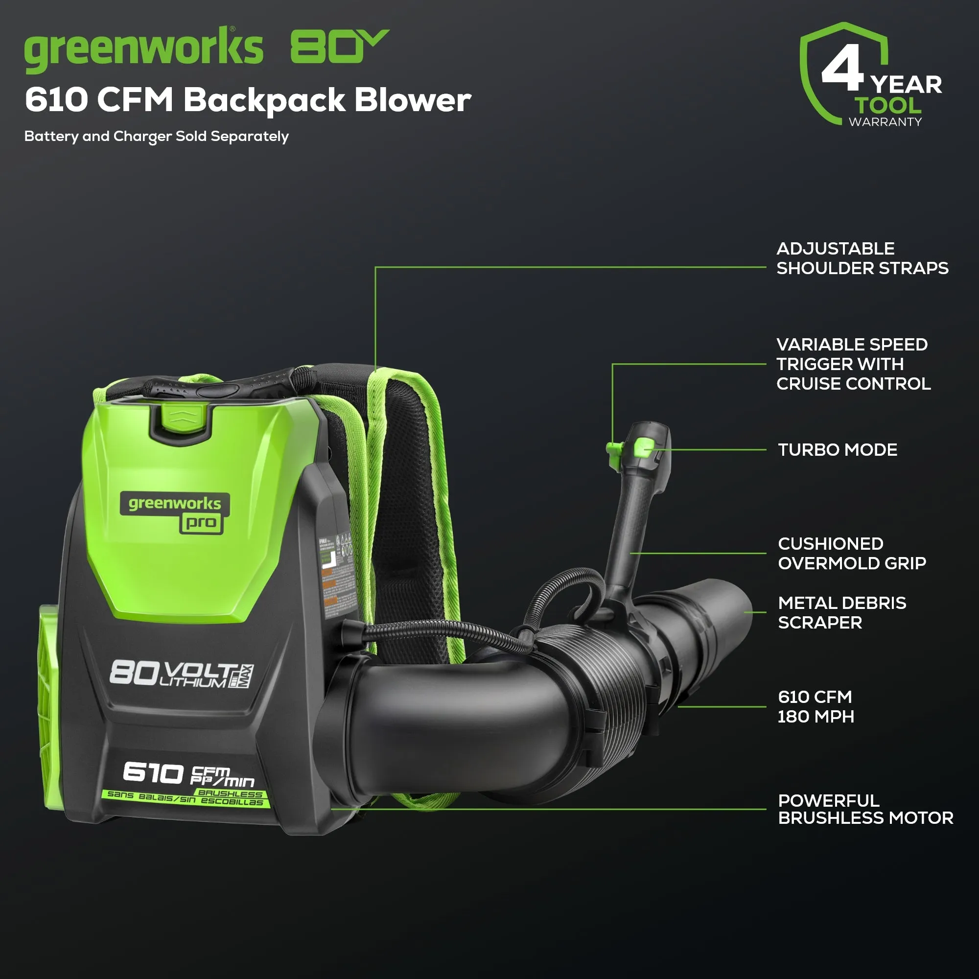 80V 610 CFM Cordless Battery Backpack Blower (Tool Only)