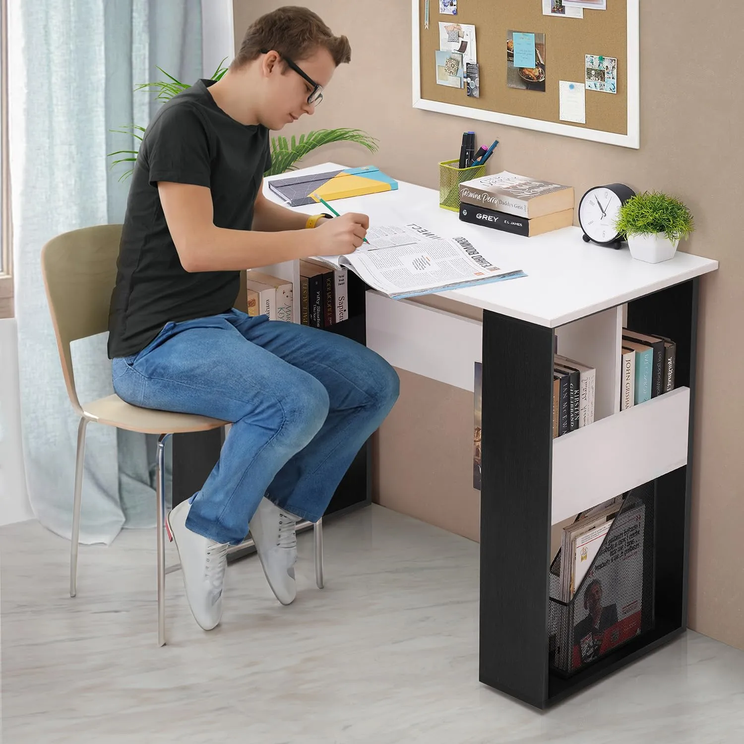 ABOUT SPACE Study Table for Students - Adults Work Table for Home Office with Storage Computer Table | Writing | Workstation | Multipurpose DIY Desk (Black Mahogany & White - L 105 x B 45 x H 75cm)