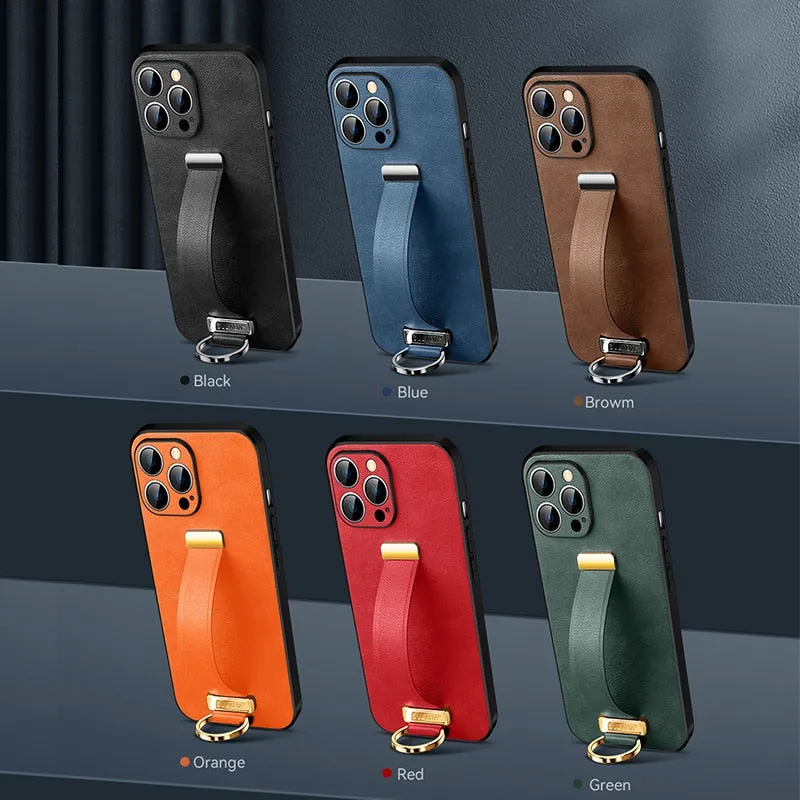 Anti-drop Belt Loop Holder Leather Phone Case With Wristband Bracket For iPhone