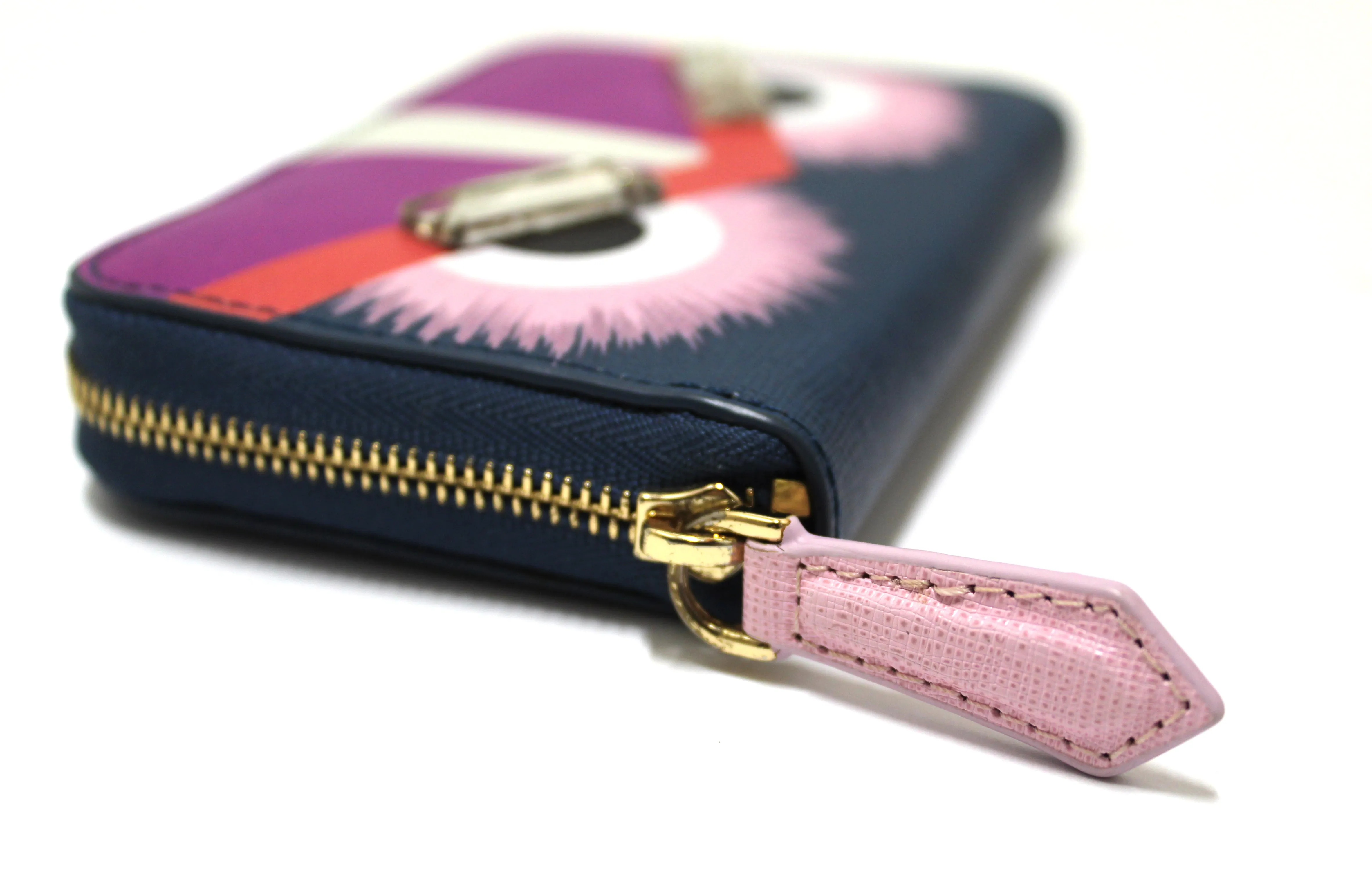 Authentic Rare Fendi Blue/Purple/Pink Leather Monster Eyes Swarovski Crystal Small Zippy Wallet