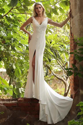 Beaded Lace Strap V Neckline Sexy High Slit Wedding Gown