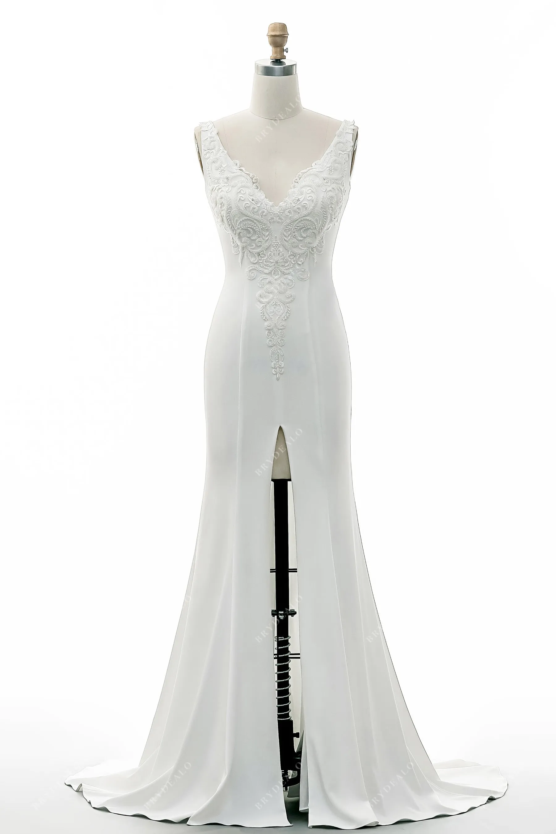 Beaded Lace Strap V Neckline Sexy High Slit Wedding Gown