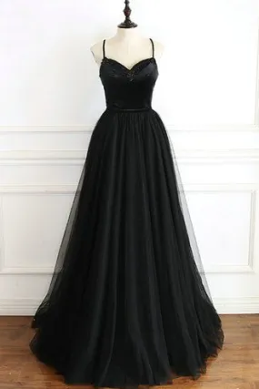 Black Tulle Spaghetti Straps Open Back Long Prom Dress