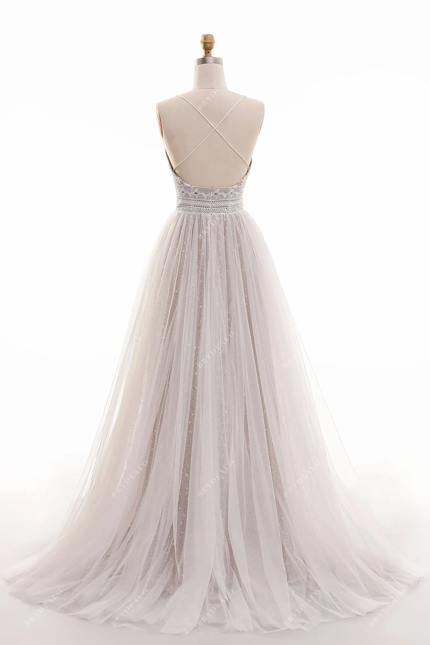 Bohemian Lace Tulle Criss-Cross Back Oyster Wedding Dress