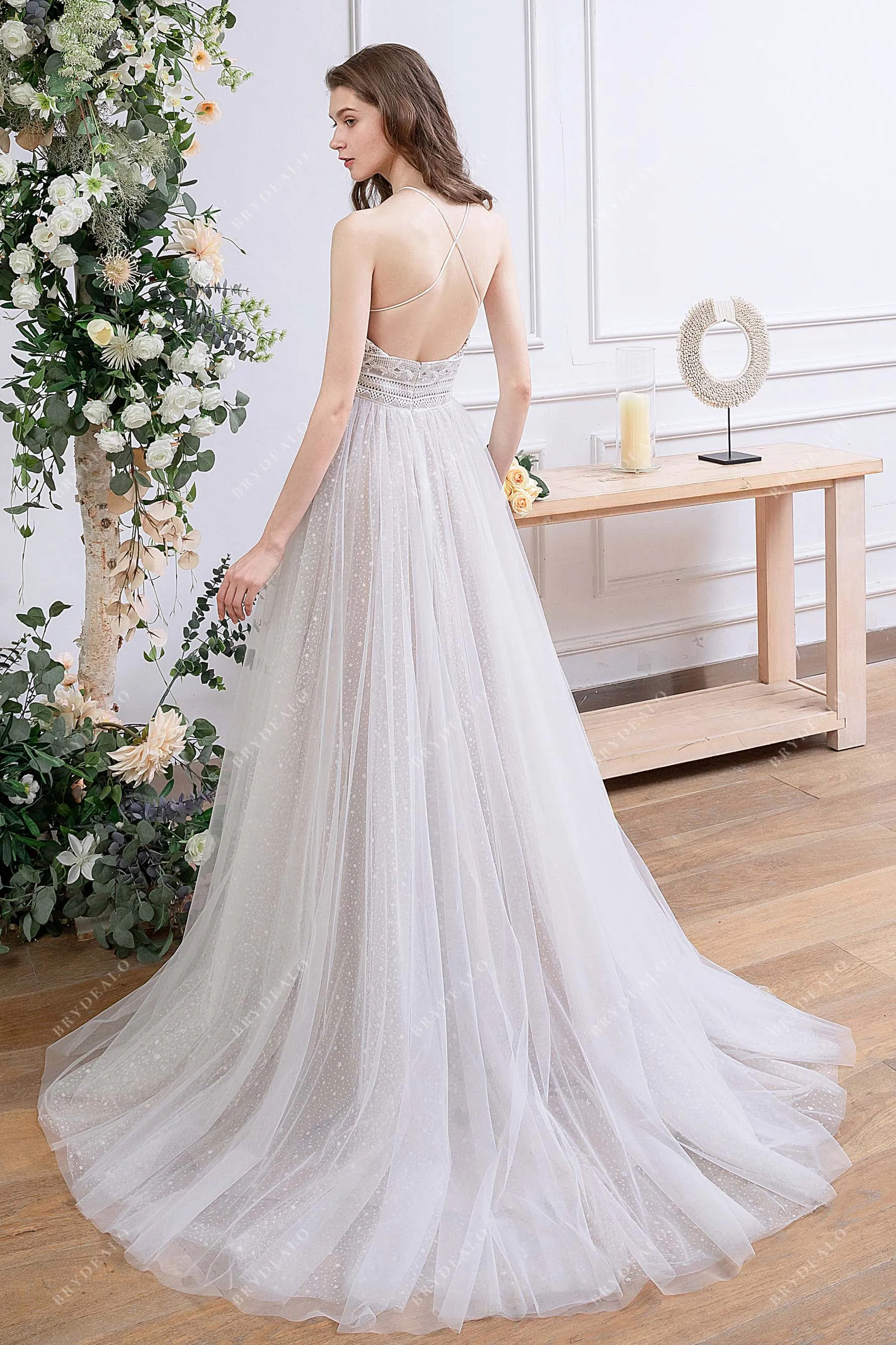 Bohemian Lace Tulle Criss-Cross Back Oyster Wedding Dress