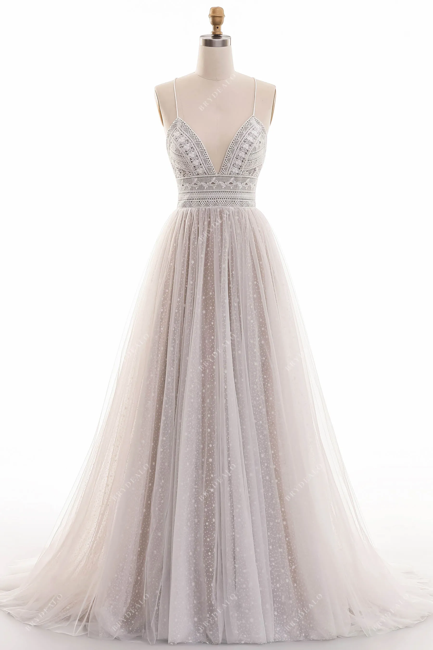 Bohemian Lace Tulle Criss-Cross Back Oyster Wedding Dress