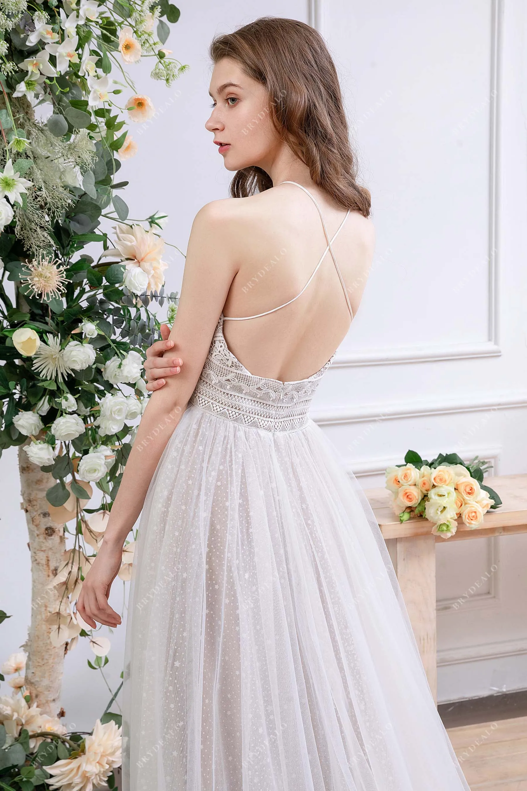 Bohemian Lace Tulle Criss-Cross Back Oyster Wedding Dress