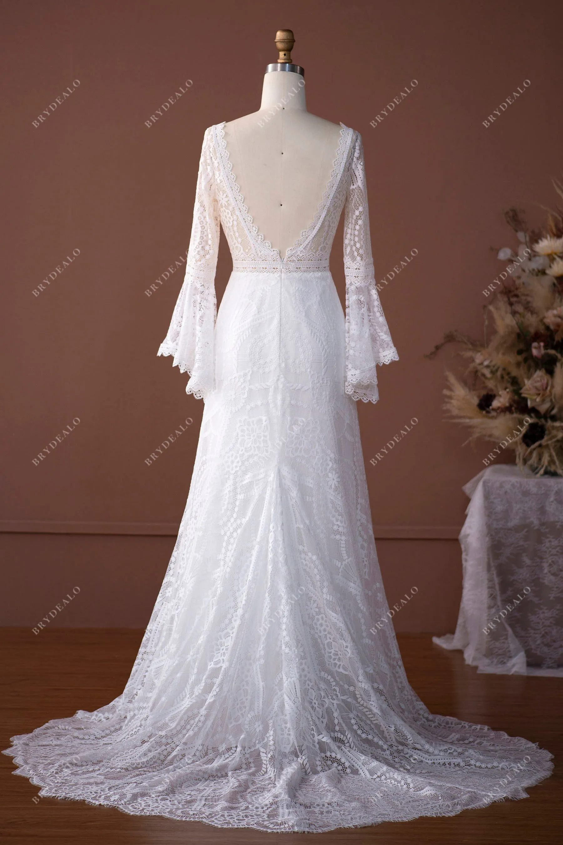 Boho Lace Bell Sleeves Scalloped Mermaid Summer Bridal Dress