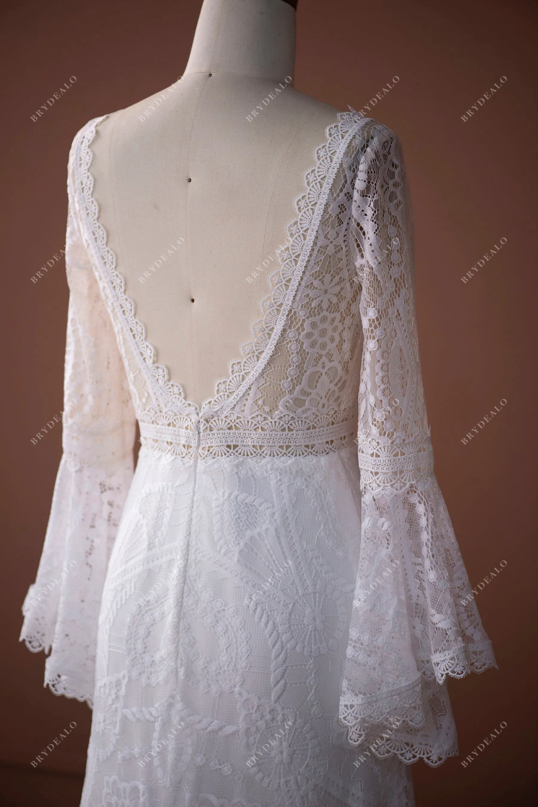 Boho Lace Bell Sleeves Scalloped Mermaid Summer Bridal Dress