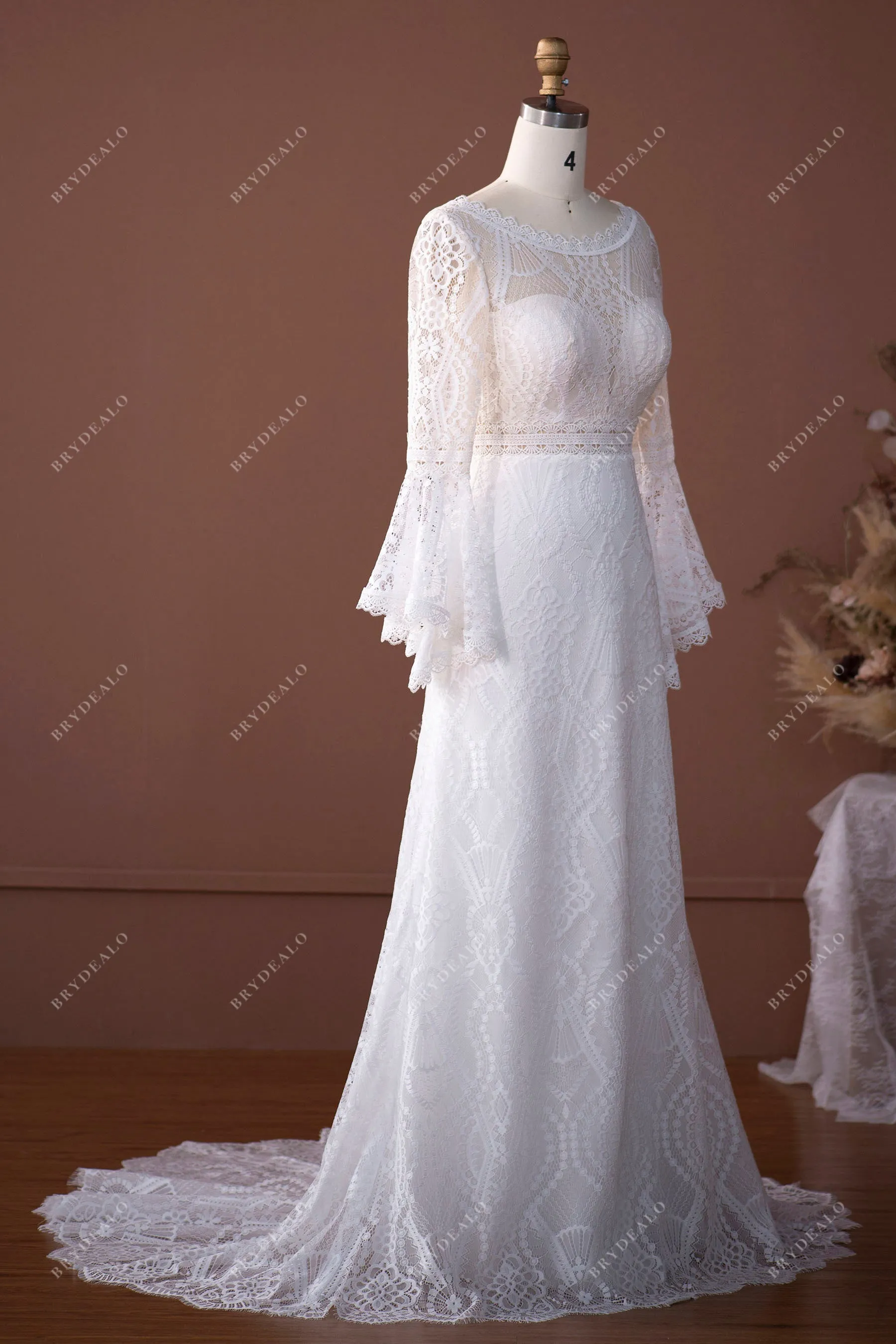 Boho Lace Bell Sleeves Scalloped Mermaid Summer Bridal Dress