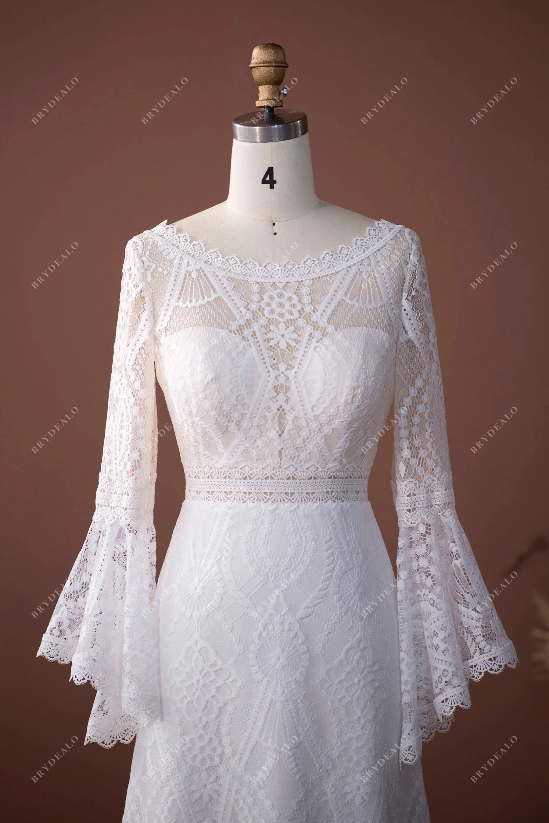 Boho Lace Bell Sleeves Scalloped Mermaid Summer Bridal Dress