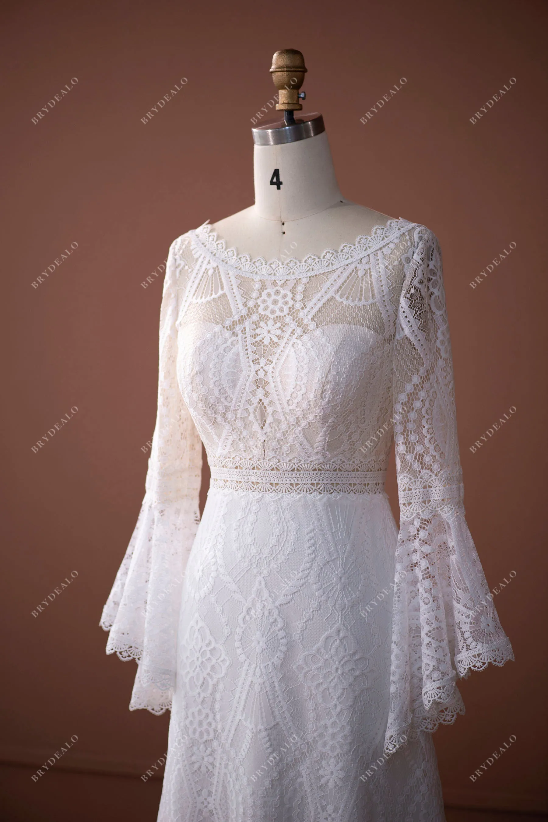 Boho Lace Bell Sleeves Scalloped Mermaid Summer Bridal Dress