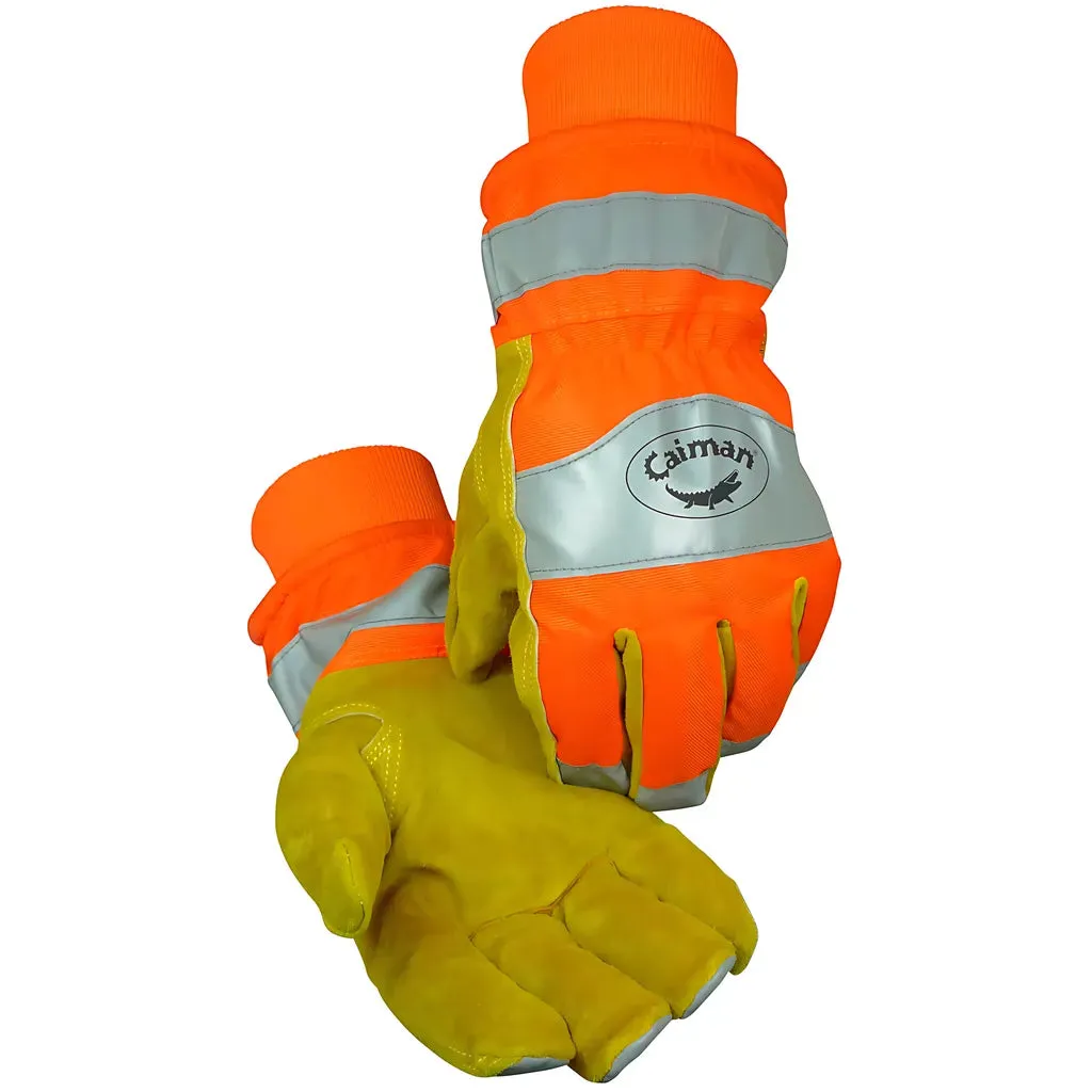 Caiman 1353-6 Premium Split Cowhide Leather Palm Glove with Hi-Vis Water Resistant Fabric Back - Heatrac Insulation