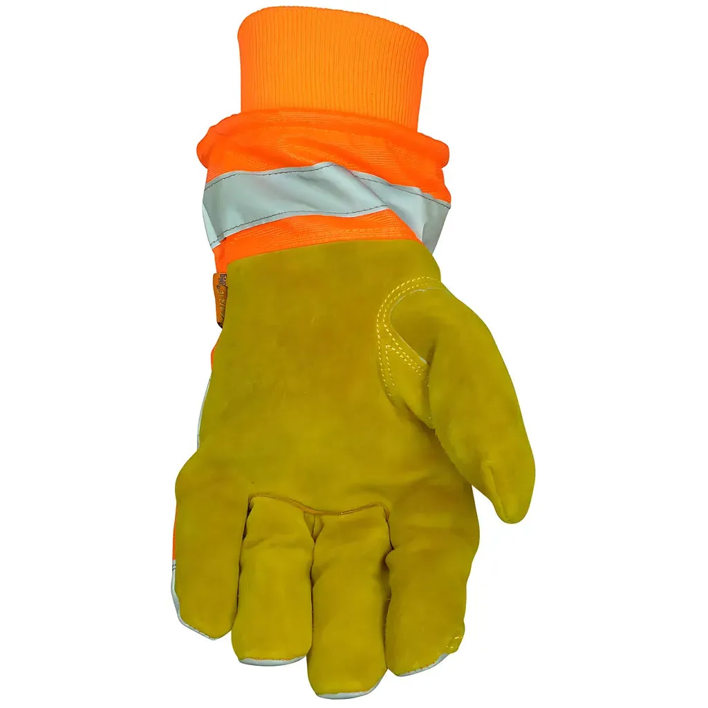 Caiman 1353-6 Premium Split Cowhide Leather Palm Glove with Hi-Vis Water Resistant Fabric Back - Heatrac Insulation