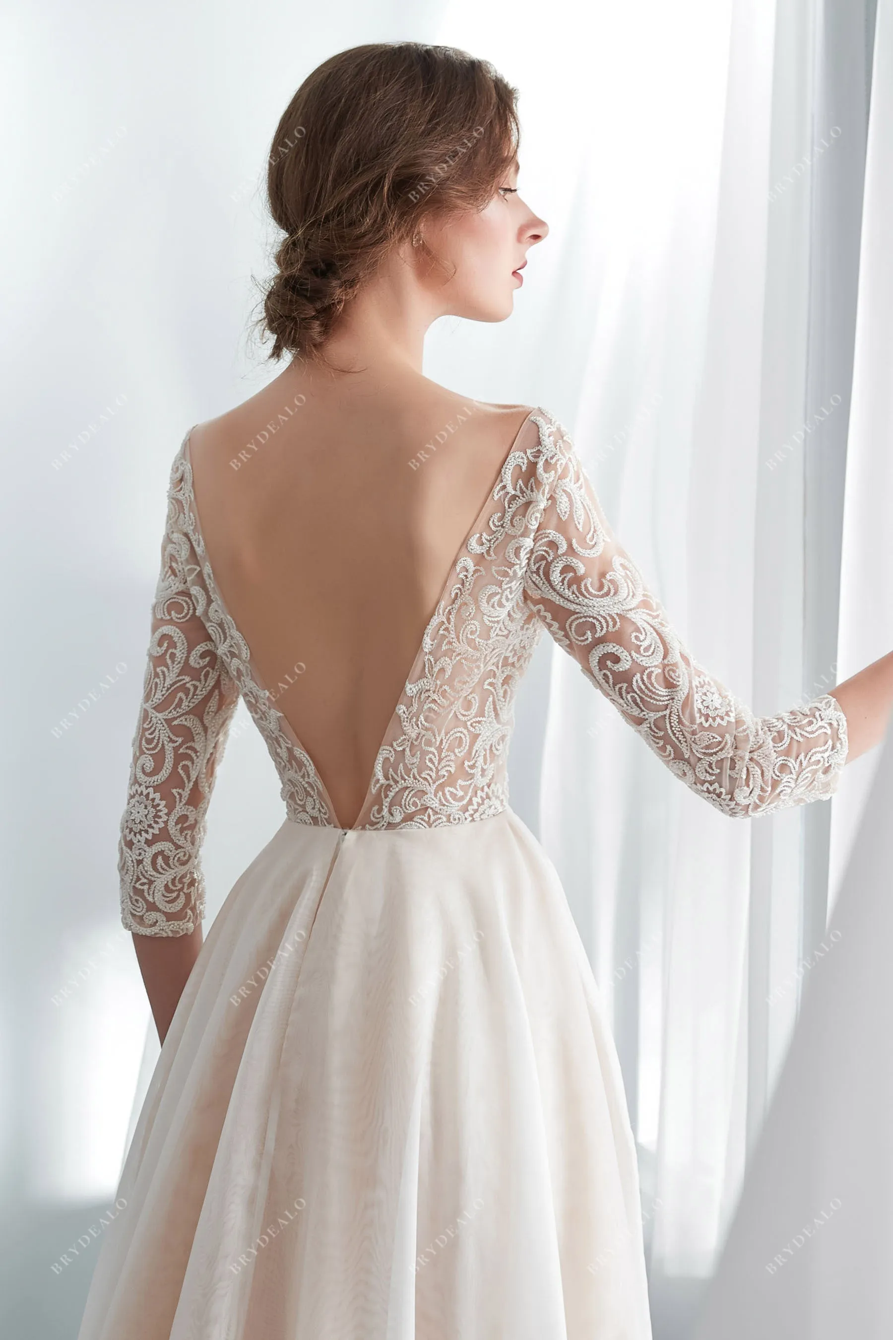 Champagne Illusion 3/4 Sleeve Lace Fall Wedding Dress