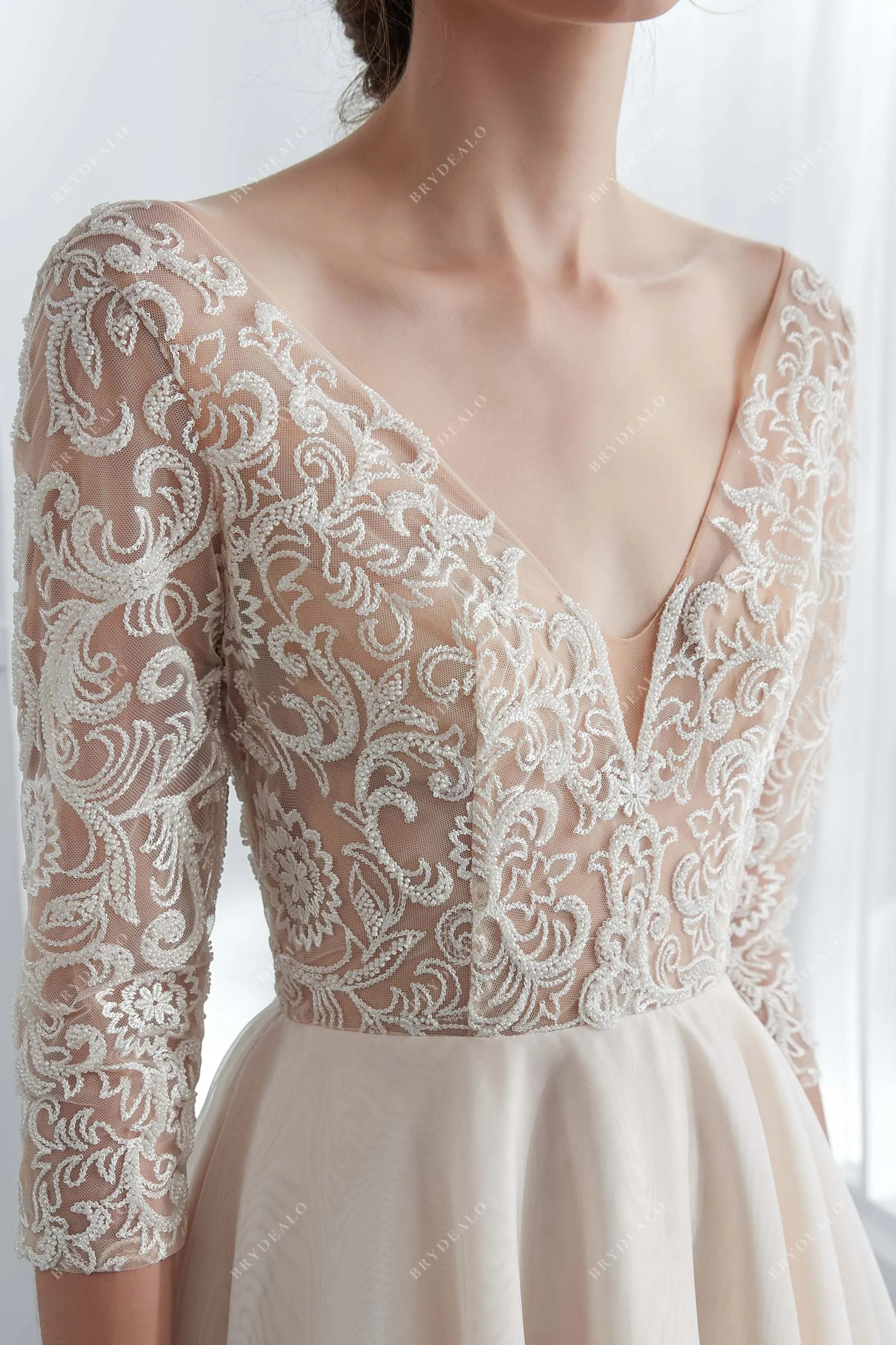 Champagne Illusion 3/4 Sleeve Lace Fall Wedding Dress