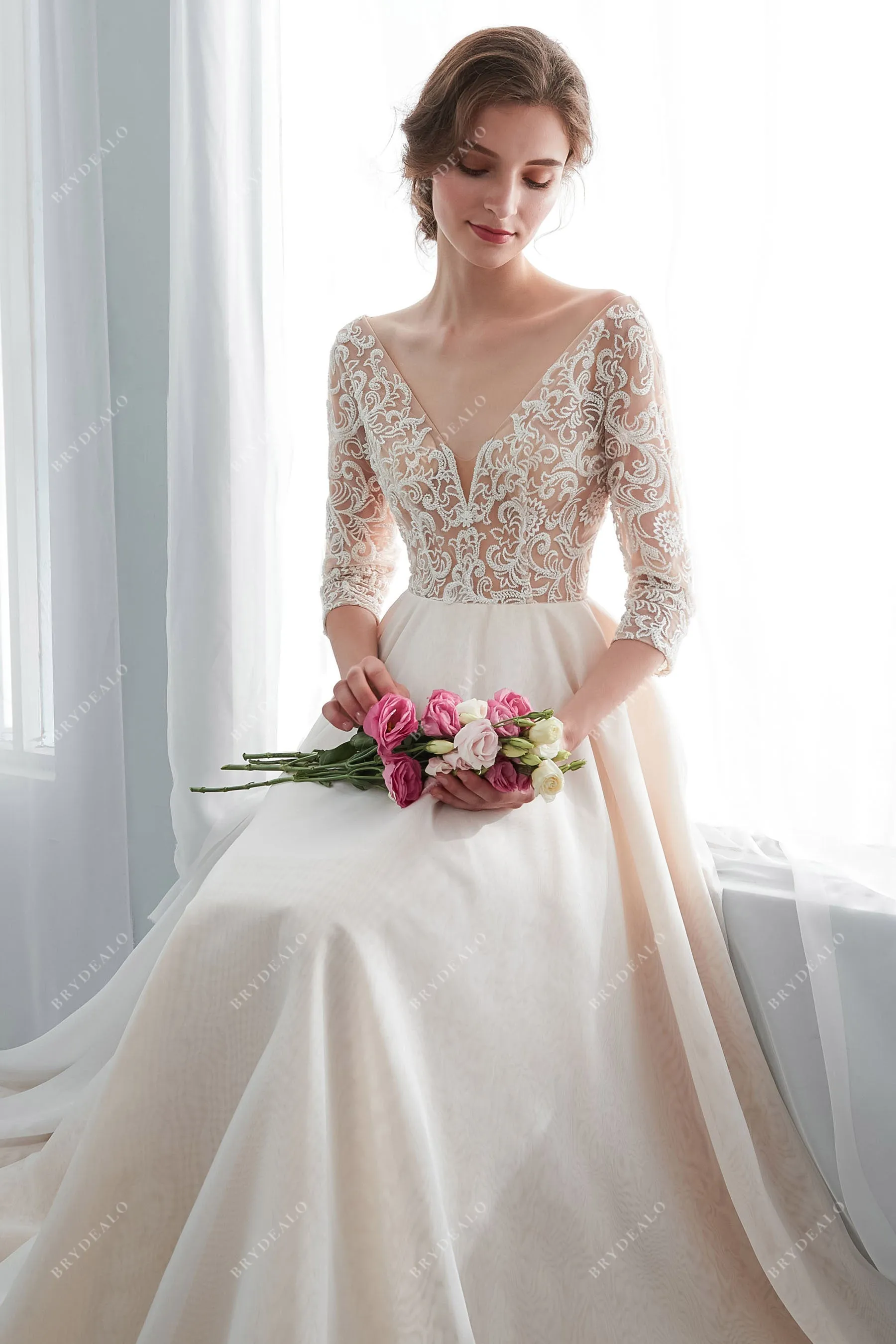 Champagne Illusion 3/4 Sleeve Lace Fall Wedding Dress