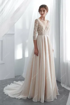 Champagne Illusion 3/4 Sleeve Lace Fall Wedding Dress