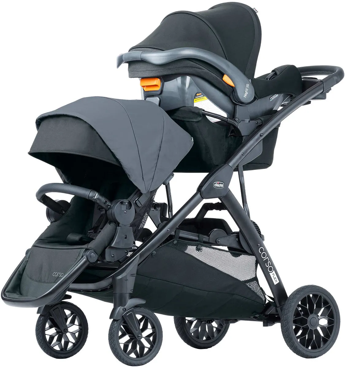 Chicco Corso Flex Sibling Double Stroller Travel System Bundle - Legend / Shadow