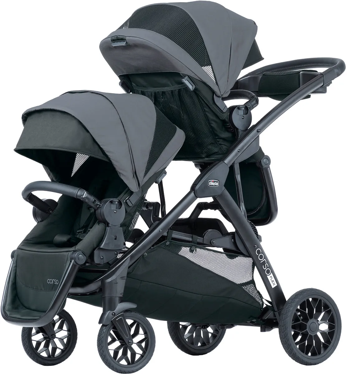 Chicco Corso Flex Sibling Double Stroller Travel System Bundle - Legend / Shadow