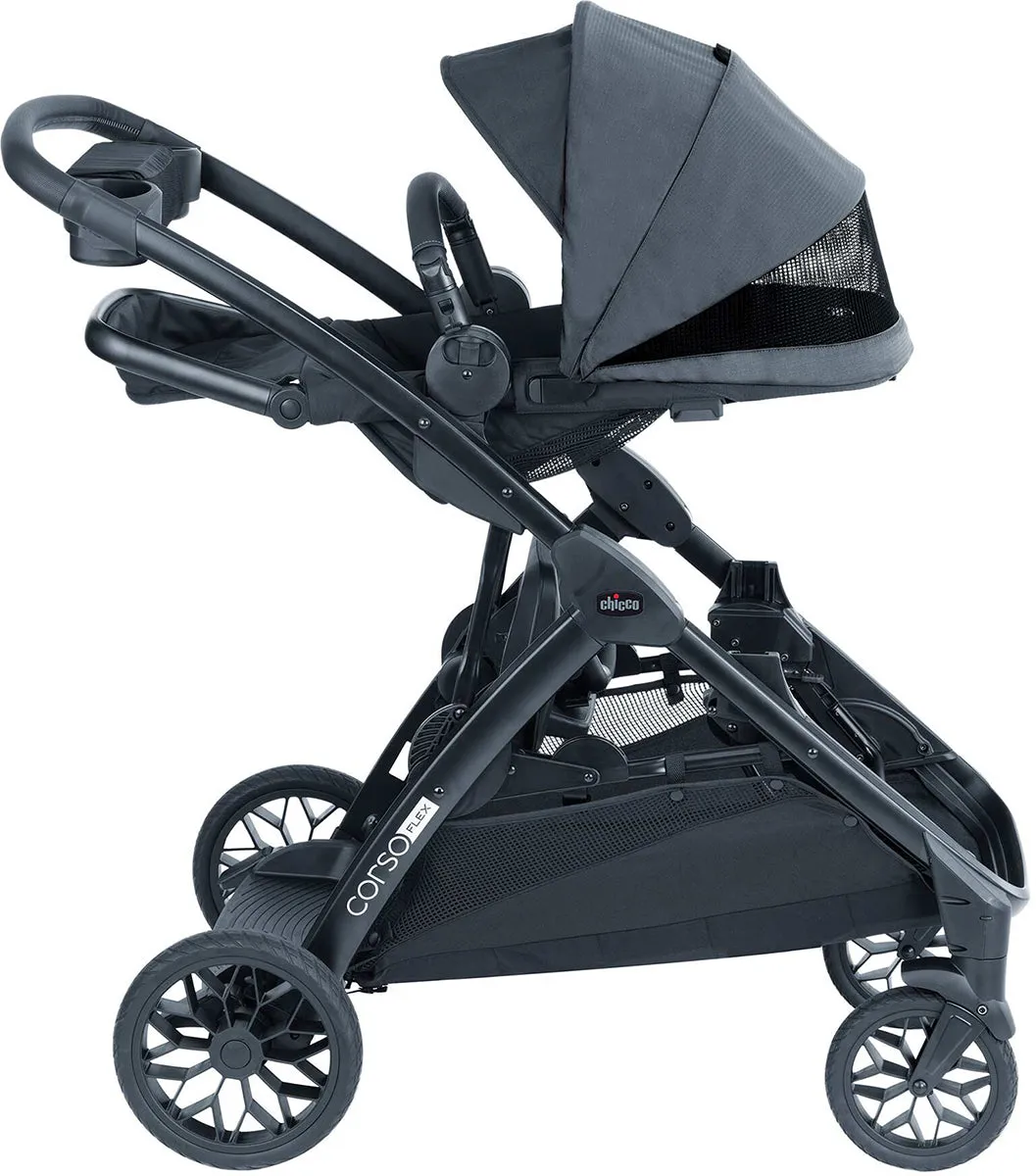 Chicco Corso Flex Sibling Double Stroller Travel System Bundle - Legend / Shadow