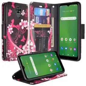 Cricket Ovation Case, AT&T Radiant Max Wallet Case, Wrist Strap Pu Leather Wallet Case [Kickstand] with ID & Credit Card Slots - Heart Butterflies