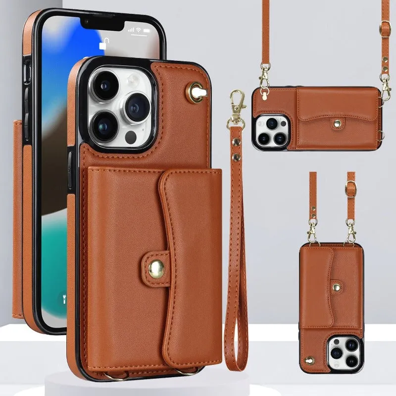 Crossbody Wallet Leather Phone Case With Wrist Strap Lanyard For iPhone