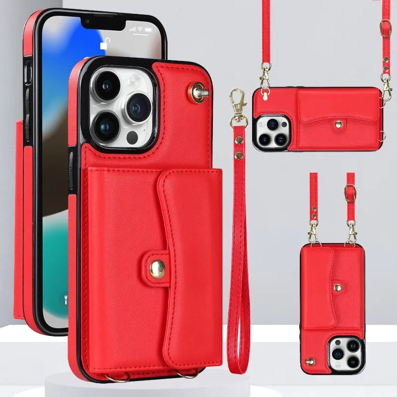 Crossbody Wallet Leather Phone Case With Wrist Strap Lanyard For iPhone