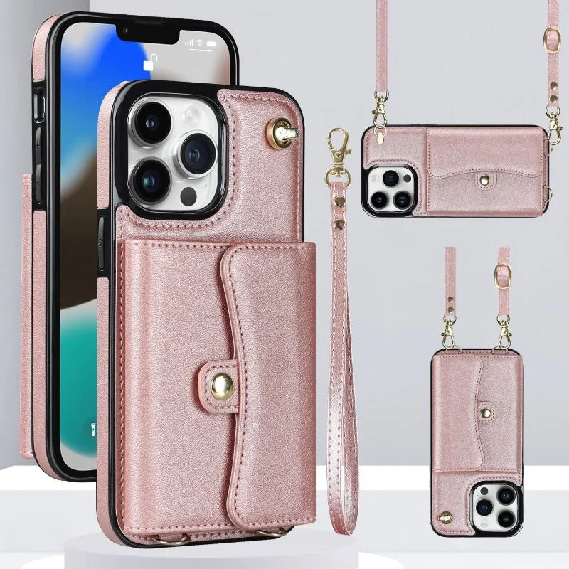 Crossbody Wallet Leather Phone Case With Wrist Strap Lanyard For iPhone