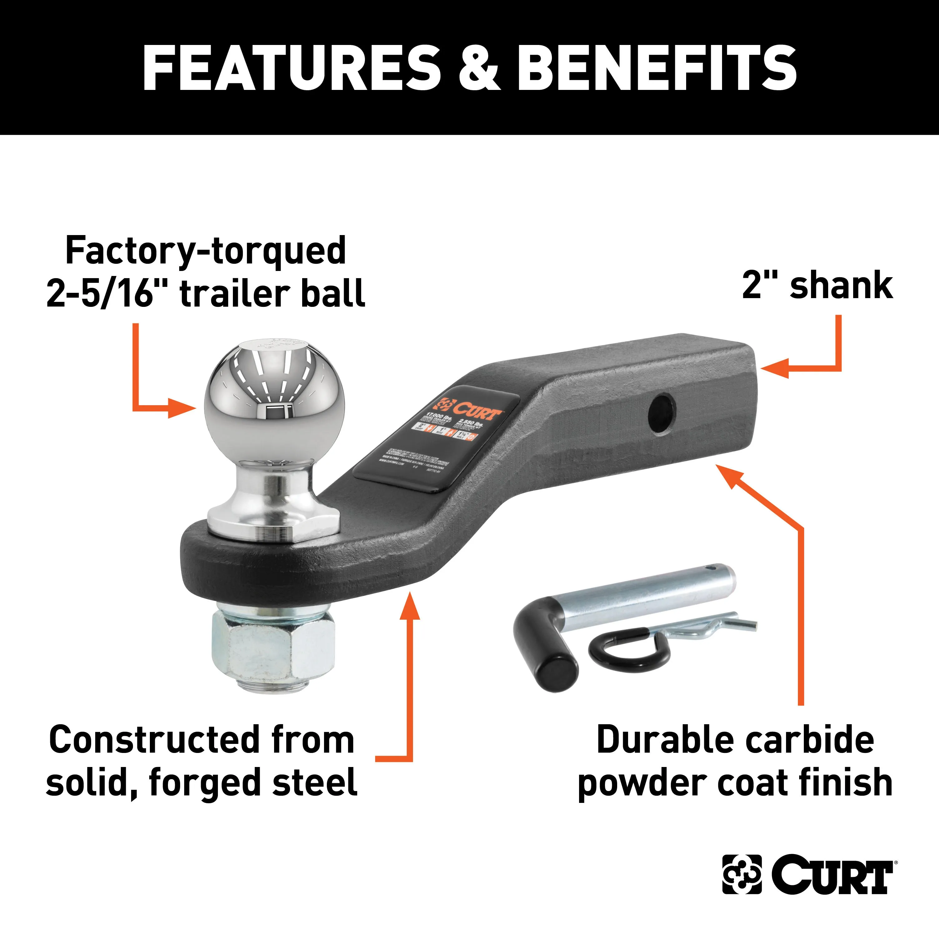 CURT 45331 Loaded Forged Ball Mount with 2-5/16in. Ball (2in. Shank; 15;000 lbs.; 2in. Drop