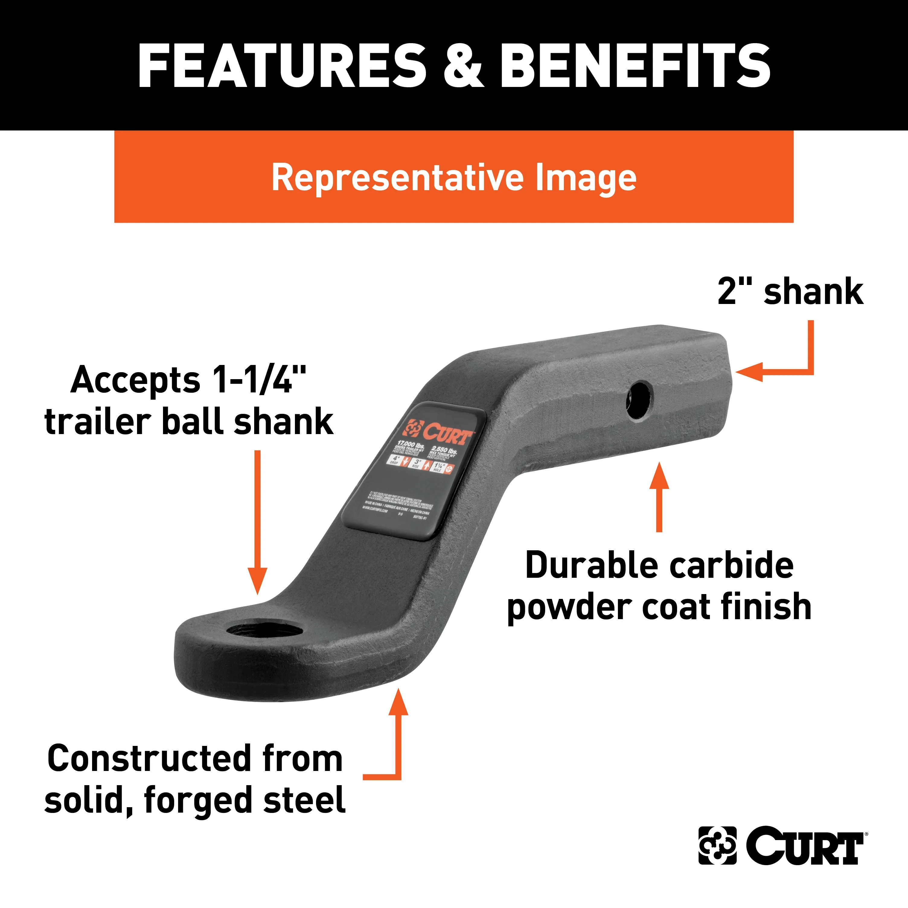 CURT 45340 Forged Ball Mount (2in. Shank; 17;000 lbs.; 2in. Drop; 8-1/2in. Long)