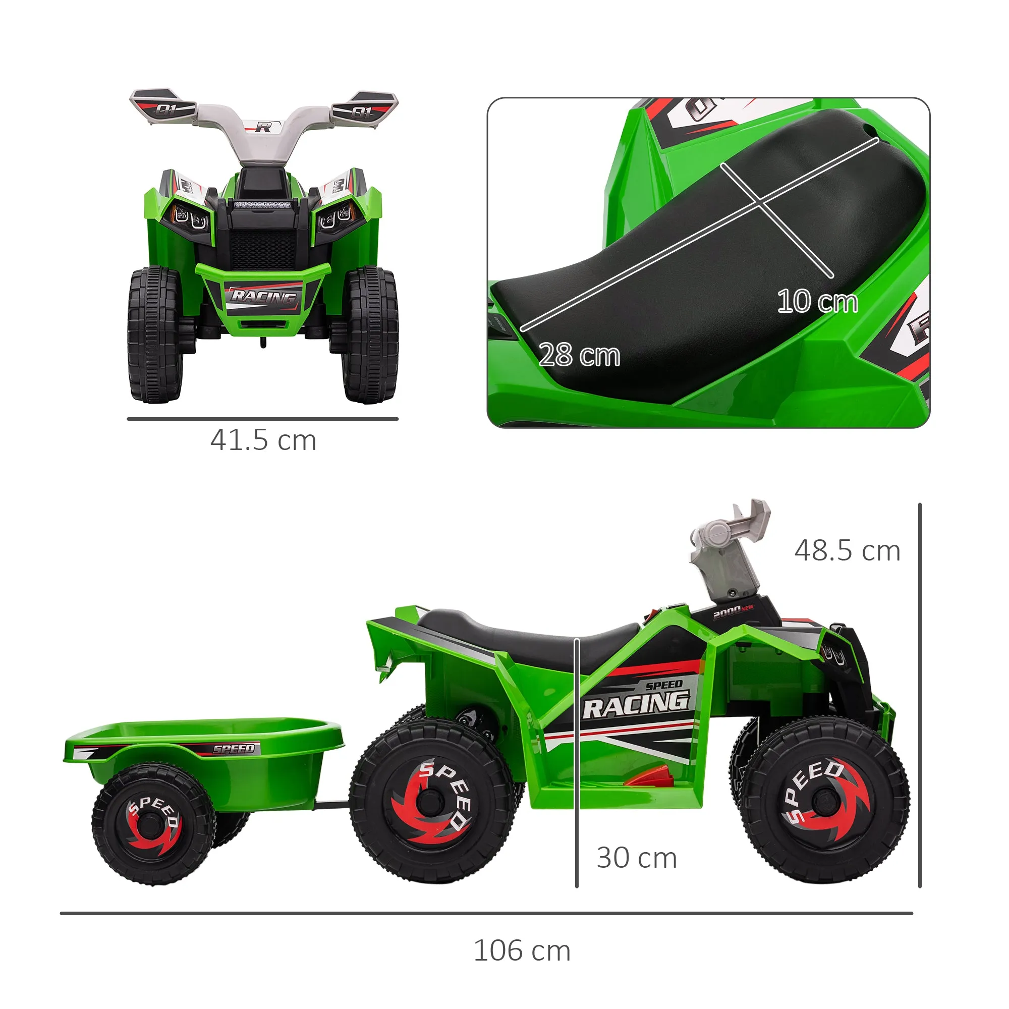 Electric Quad Bike, 6V Kids Ride-On ATV with Back Trailer - Green