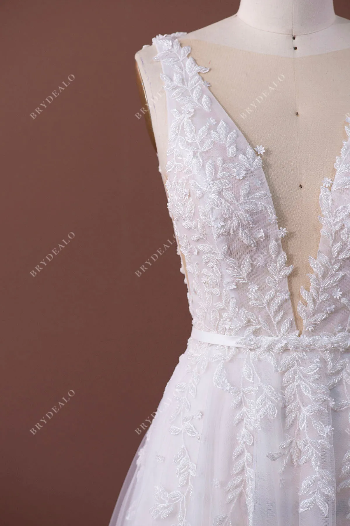 Elegant Beaded Lace Plunging Fall Puffy A-line Bridal Dress