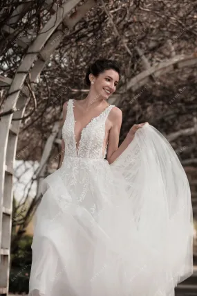 Elegant Beaded Lace Plunging Fall Puffy A-line Bridal Dress