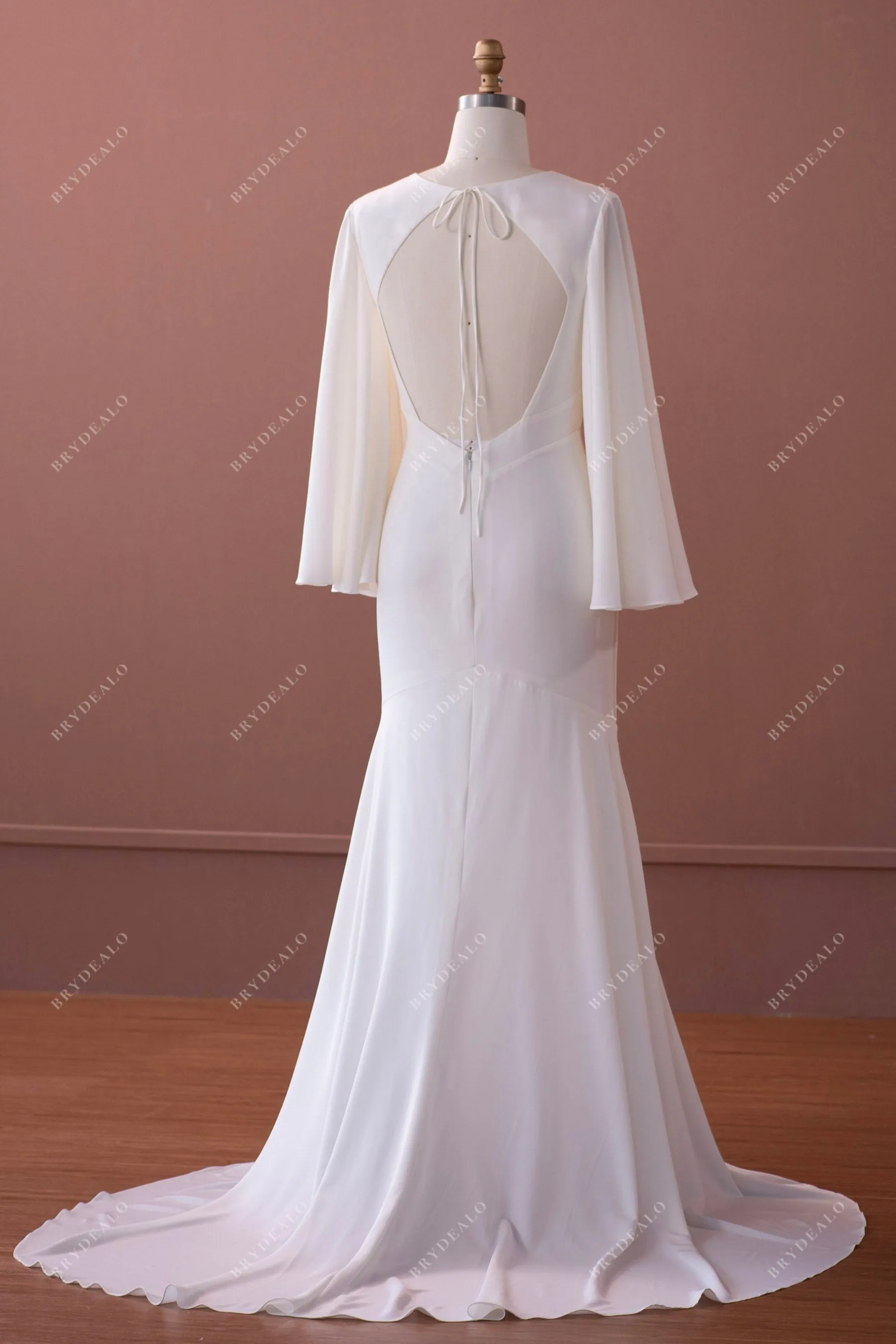 Elegant Bell Sleeve Stretch Satin Mermaid Wedding Dress