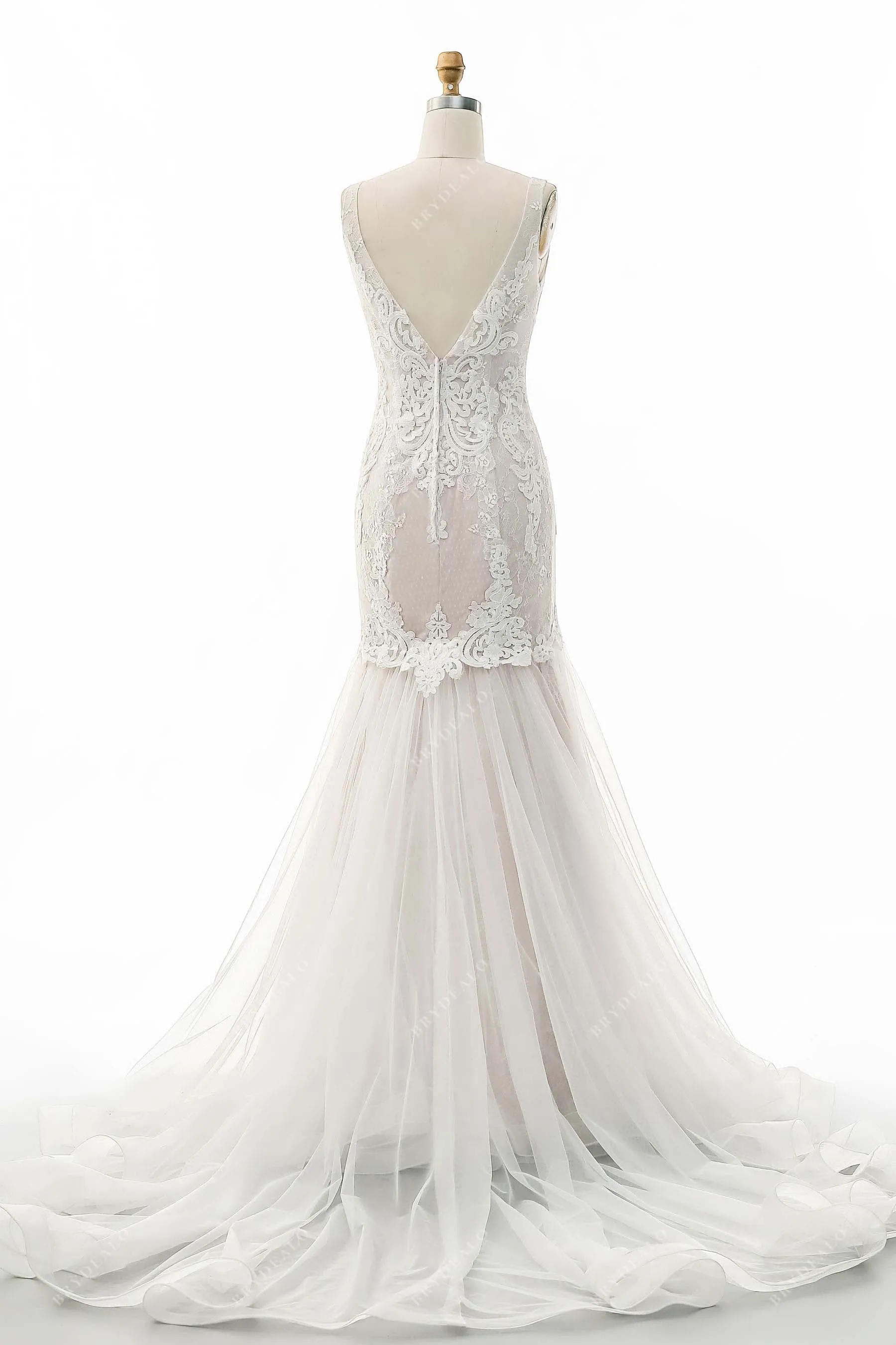 Elegant Scoop Neck Beaded Lace Nude Mermaid Bridal Gown