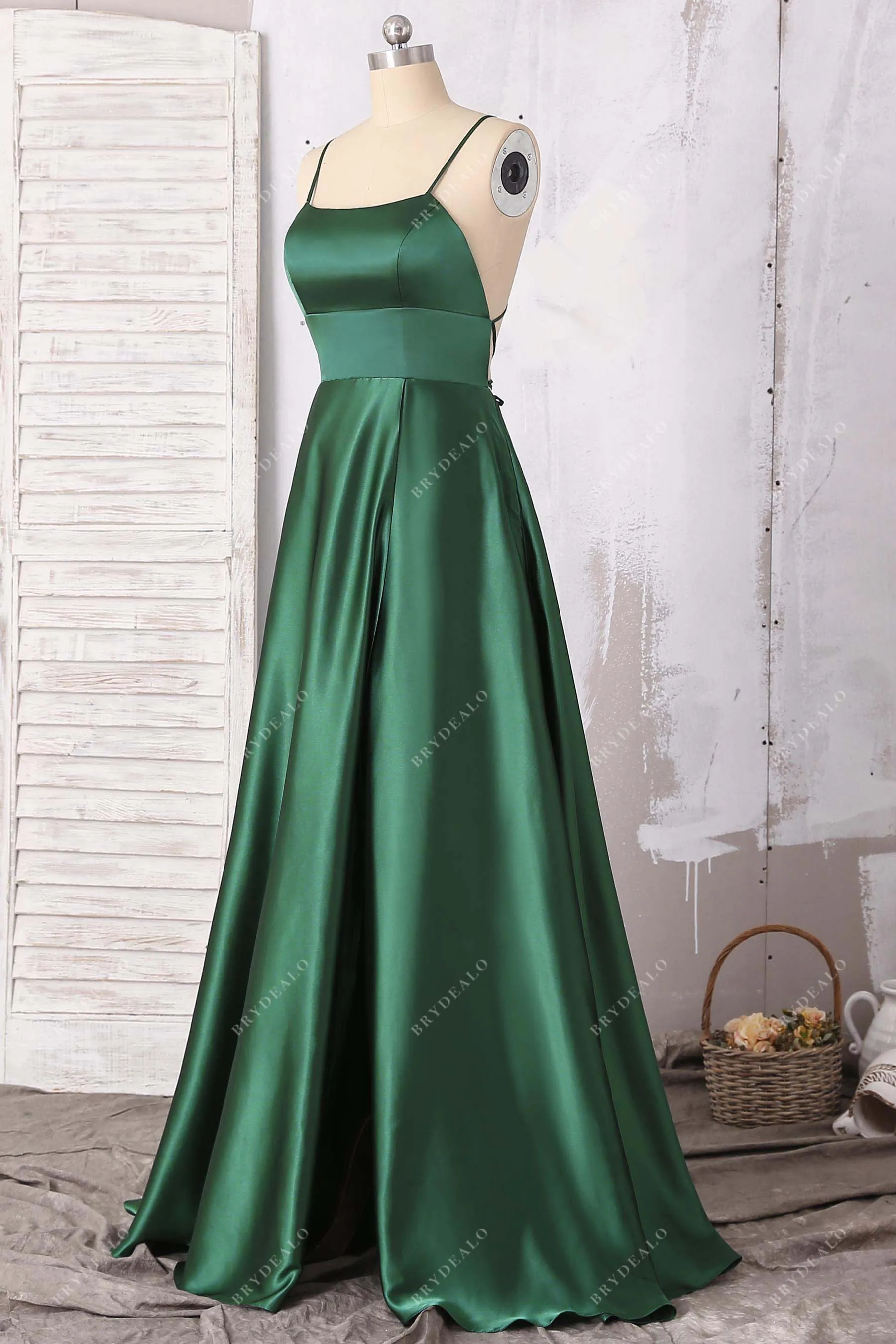 Emerald Green Strappy Back Slit Satin Prom Dress