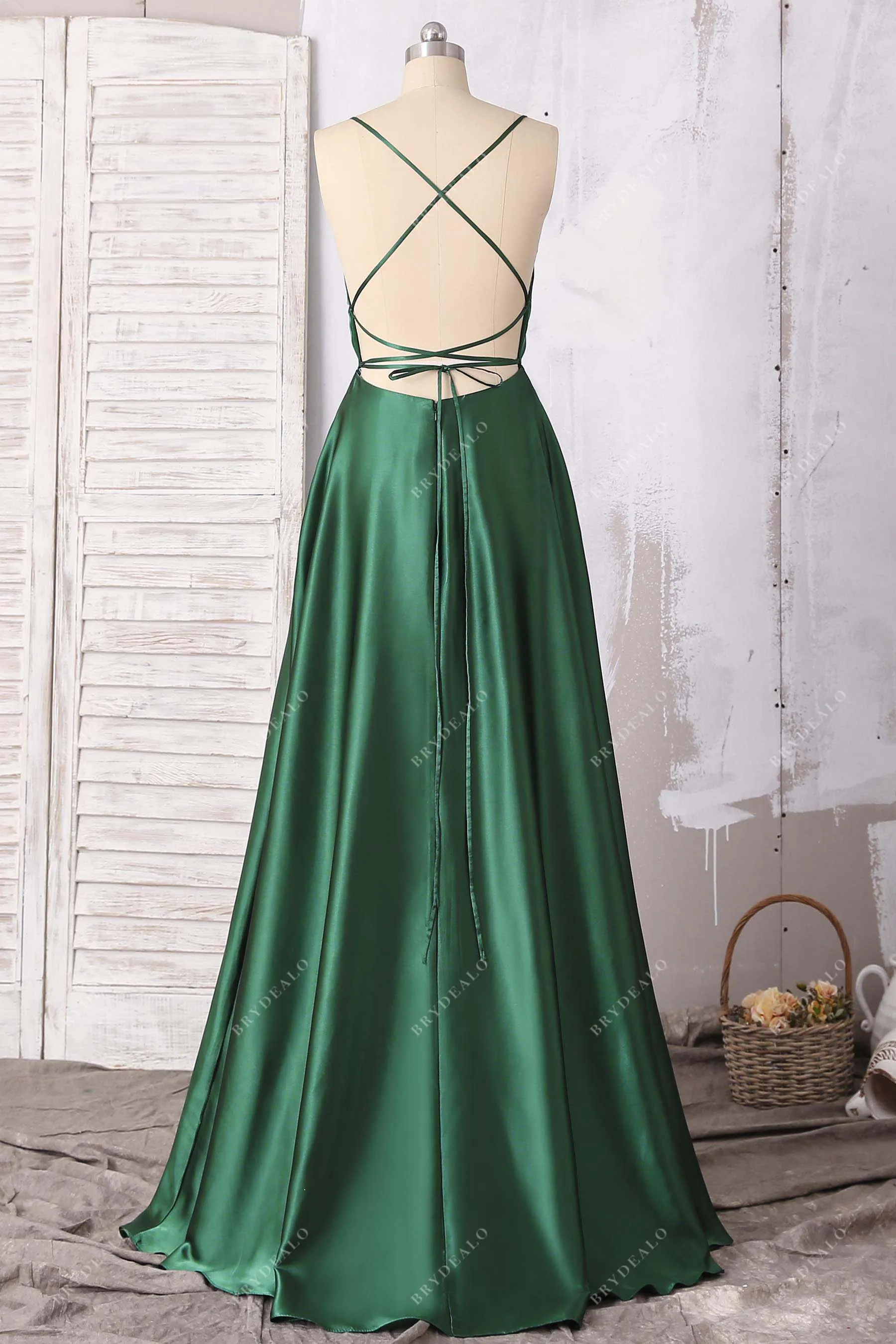 Emerald Green Strappy Back Slit Satin Prom Dress