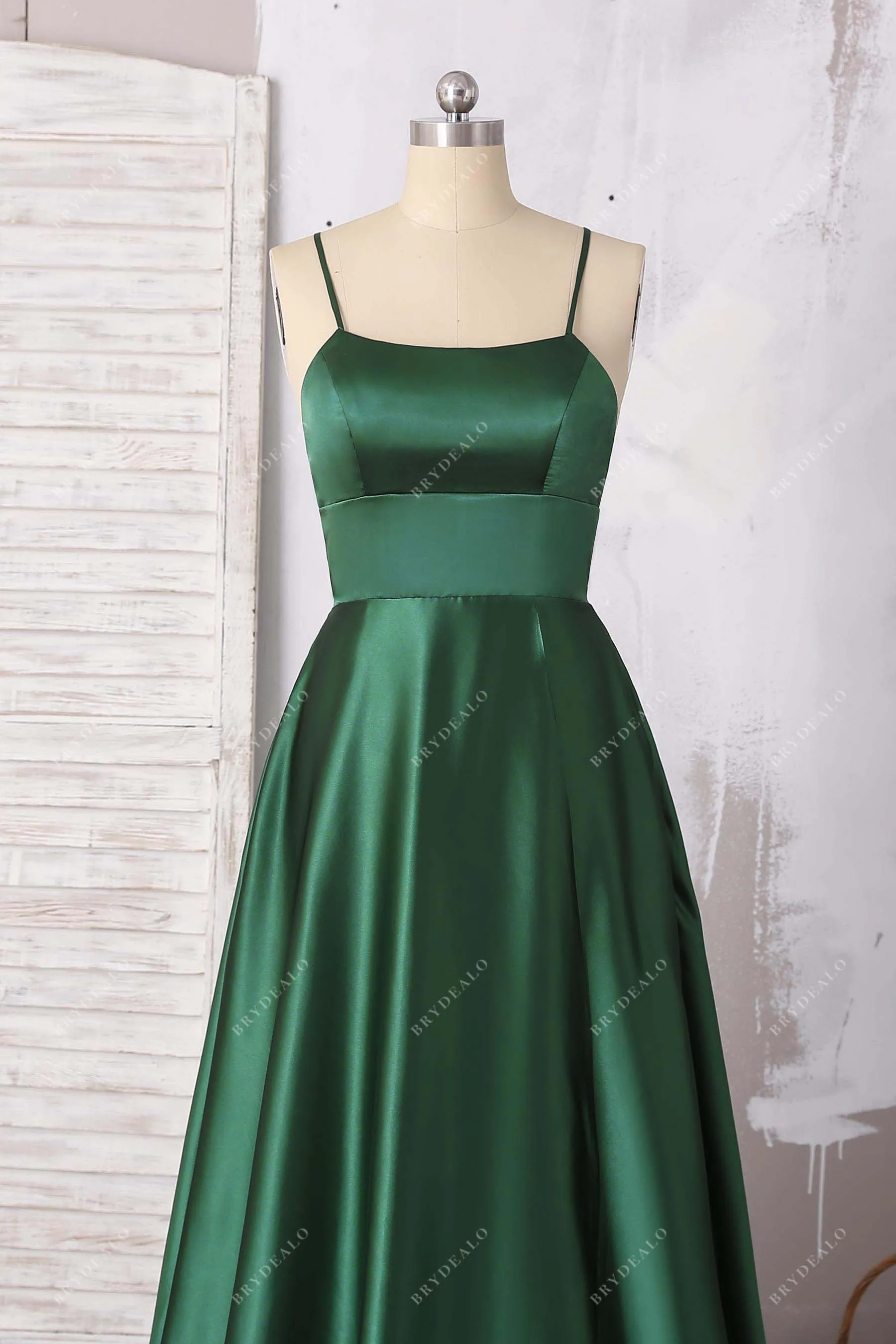 Emerald Green Strappy Back Slit Satin Prom Dress