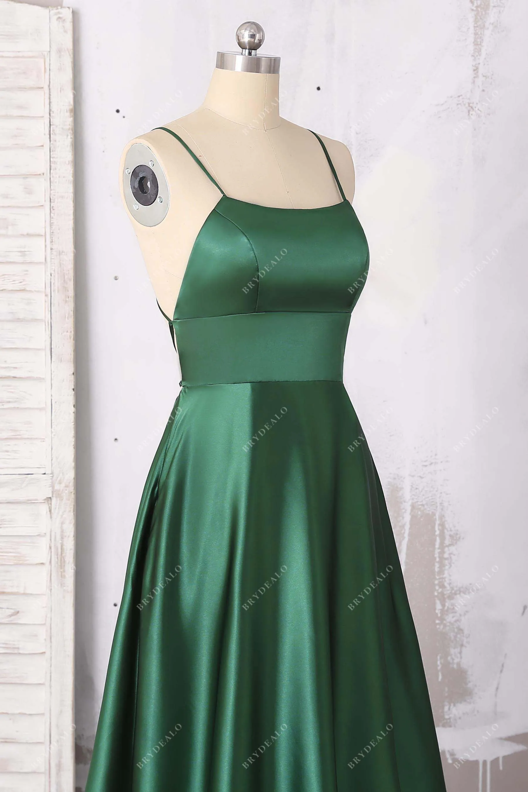 Emerald Green Strappy Back Slit Satin Prom Dress