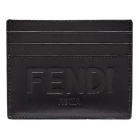 Fendi Roma Black Calfskin Leather Embossed Logo Card Case Wallet