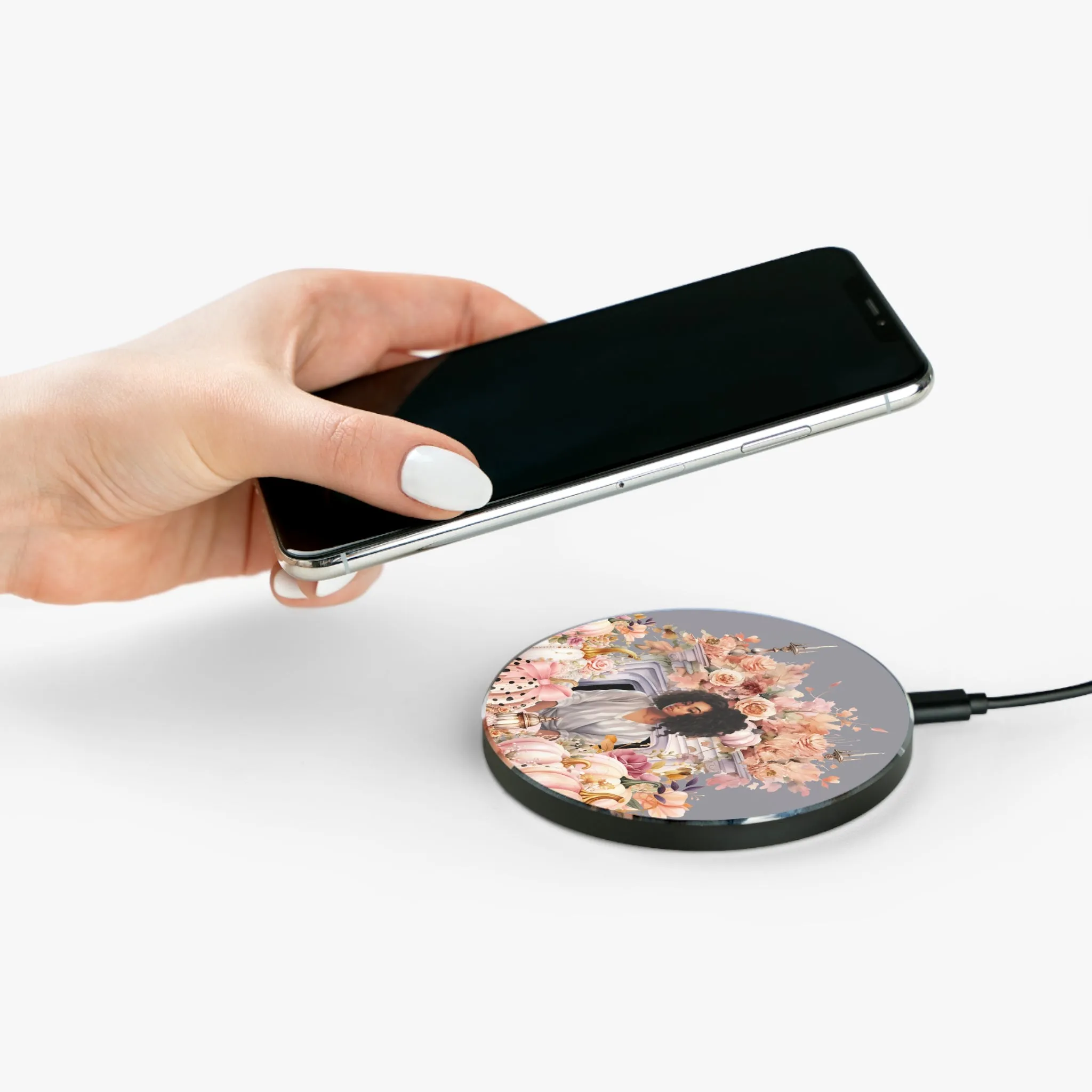 Flowers and Pumpkins Wireless Charger (Black Girl Design)