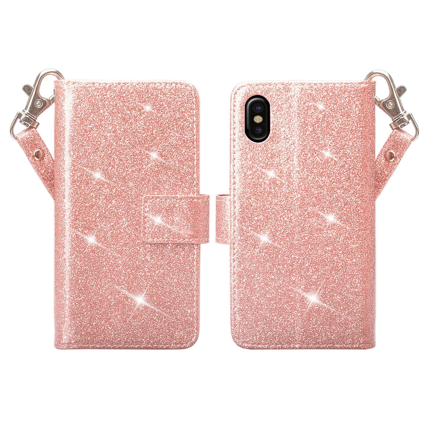 For Apple iPhone X | iPhone 10, Ten, [Wrist Strap] Glitter Faux Leather Flip [Kickstand Feature] Protective Wallet Case Clutch - Rose Gold