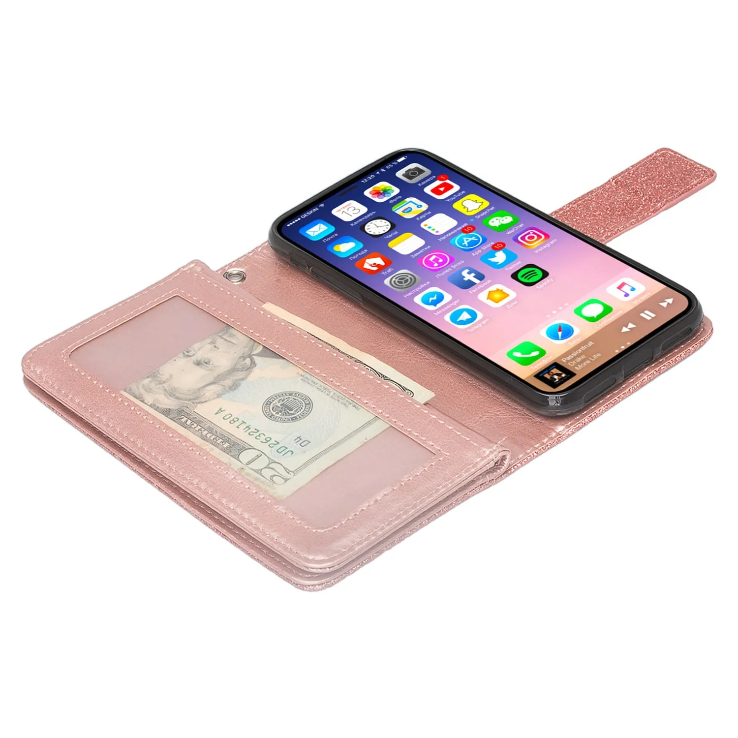 For Apple iPhone X | iPhone 10, Ten, [Wrist Strap] Glitter Faux Leather Flip [Kickstand Feature] Protective Wallet Case Clutch - Rose Gold