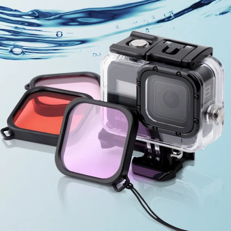 For GoPro HERO8 Black 45m Waterproof Housing Protective Case with Buckle Basic Mount & Screw & (Purple, Red, Pink) Filters & Floating Bobber Grip & Strap & Anti-Fog Inserts (Transparent)