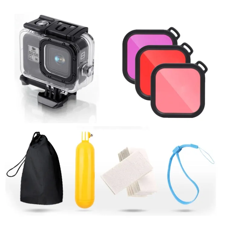 For GoPro HERO8 Black 45m Waterproof Housing Protective Case with Buckle Basic Mount & Screw & (Purple, Red, Pink) Filters & Floating Bobber Grip & Strap & Anti-Fog Inserts (Transparent)